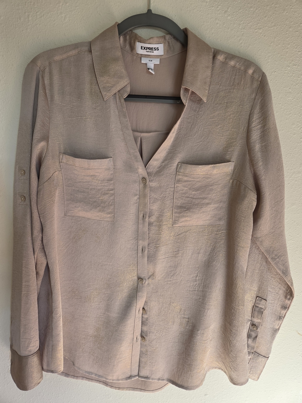 Express Satin Metallic  Light Blush Button-Up Blouse